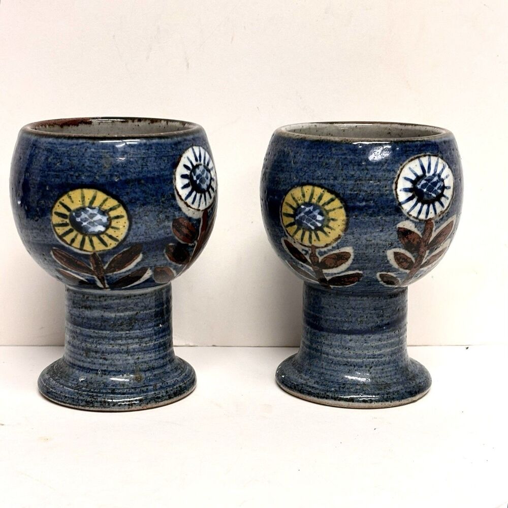 Lot Of 2 Wine Goblets Studio Art Pottery Blue Glaze Artisan Floral Hand painted